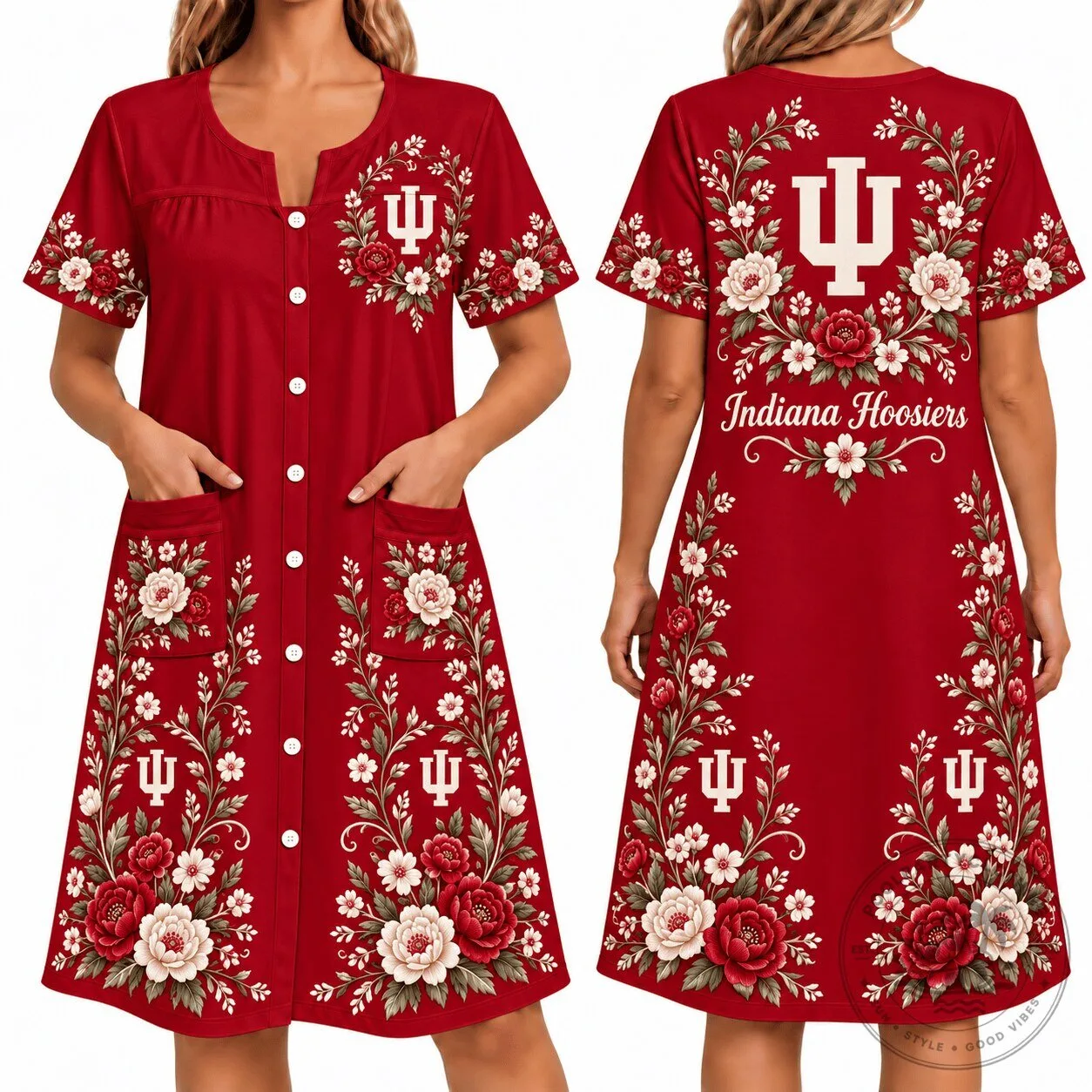 Indiana Hoosiers Floral Button Front House Dress with Pockets 1 Indiana Hoosiers Floral Button Front House Dress with Pockets
