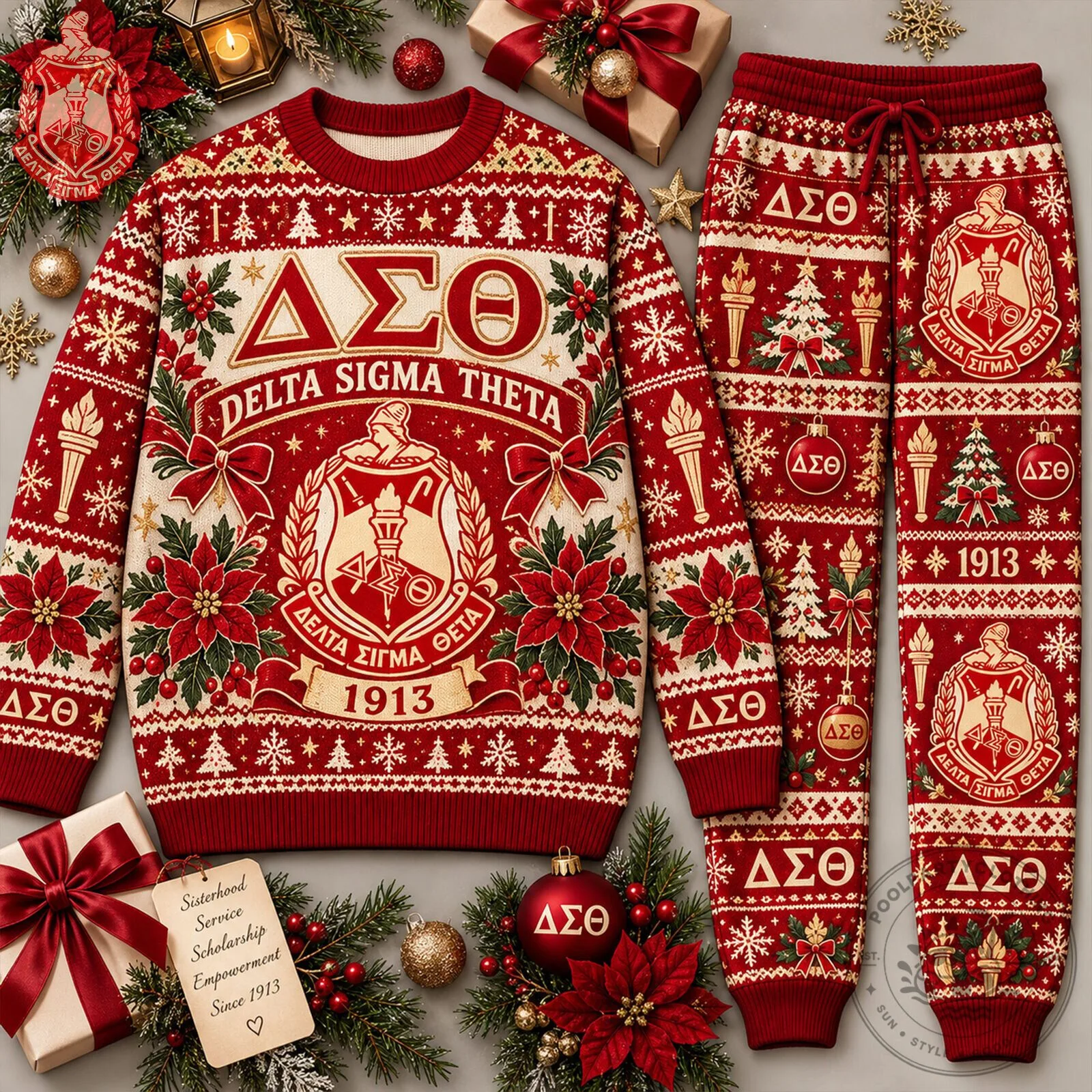 Delta Sigma Theta Christmas Ugly Sweater and Jogger Pants Set