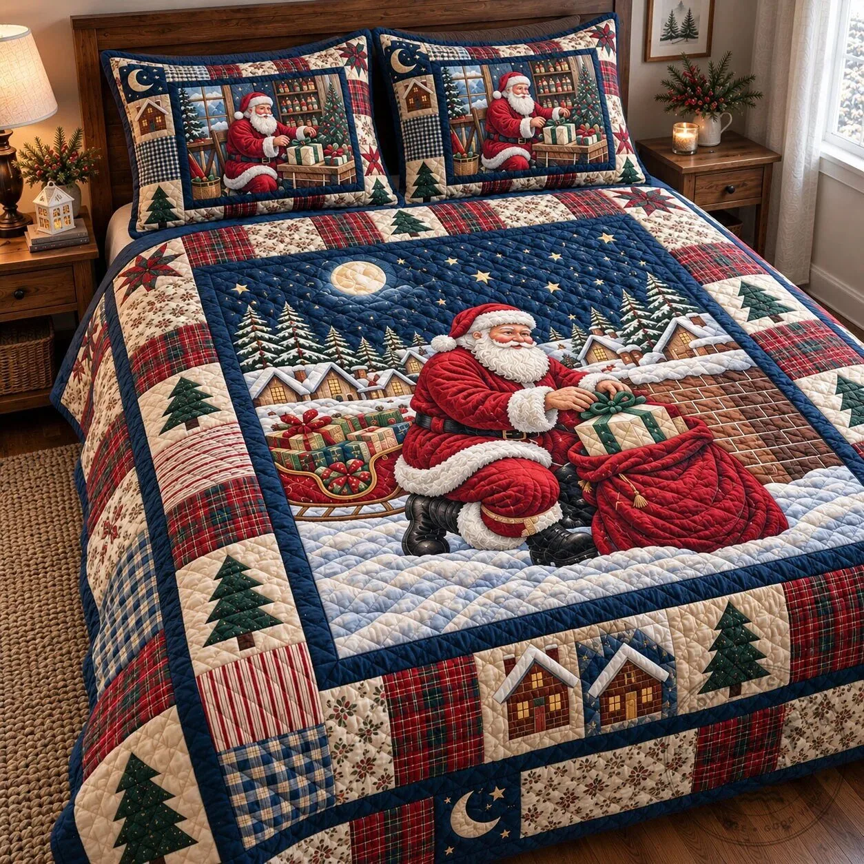 Christmas Santa Claus Delivering Gifts Winter Night Quilted Bedding Set