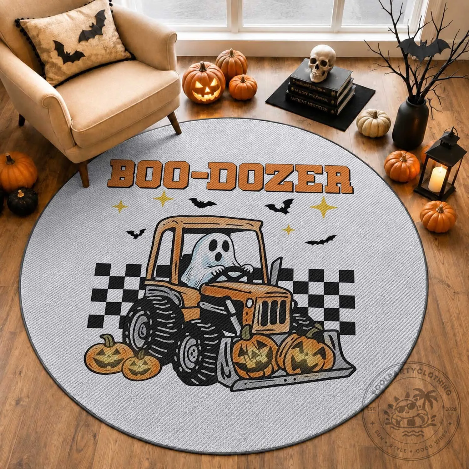 Funny Boo-Dozer Ghost Driving Bulldozer Halloween Round Rug