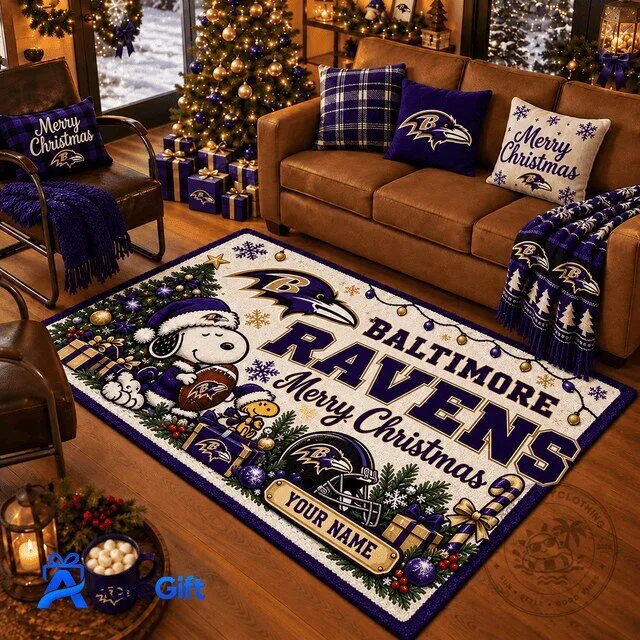 Baltimore Ravens Snoopy Merry Christmas Holiday Area Rug