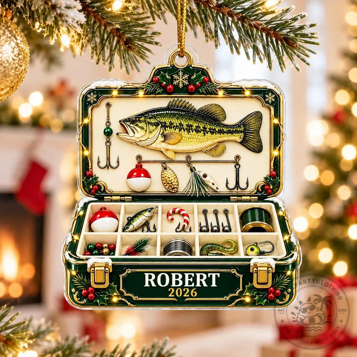 Personalized Fishing Tackle Box Christmas Tree Ornament with Bass Fish Design