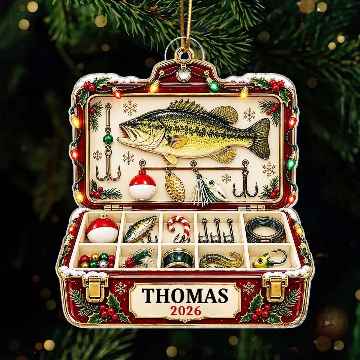 Personalized Fishing Tackle Box Christmas Tree Ornament with Bass Fish Design 18 Personalized Fishing Tackle Box Christmas Tree Ornament with Bass Fish Design