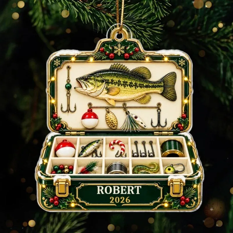 Personalized Fishing Tackle Box Christmas Tree Ornament with Bass Fish Design 23 Personalized Fishing Tackle Box Christmas Tree Ornament with Bass Fish Design