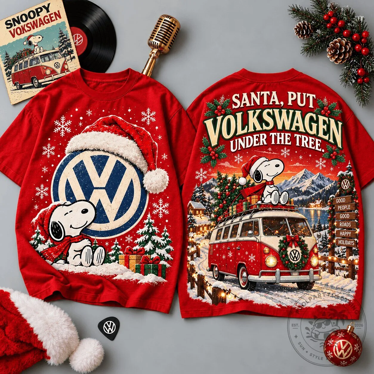 Snoopy Volkswagen Christmas Holiday Bus Scene Graphic T-Shirt