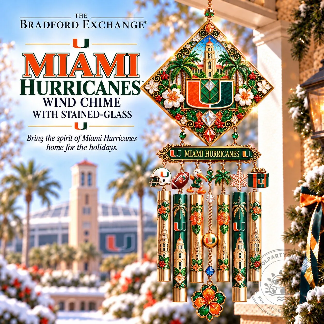 Miami Hurricanes Stained Glass Christmas Wind Chime
