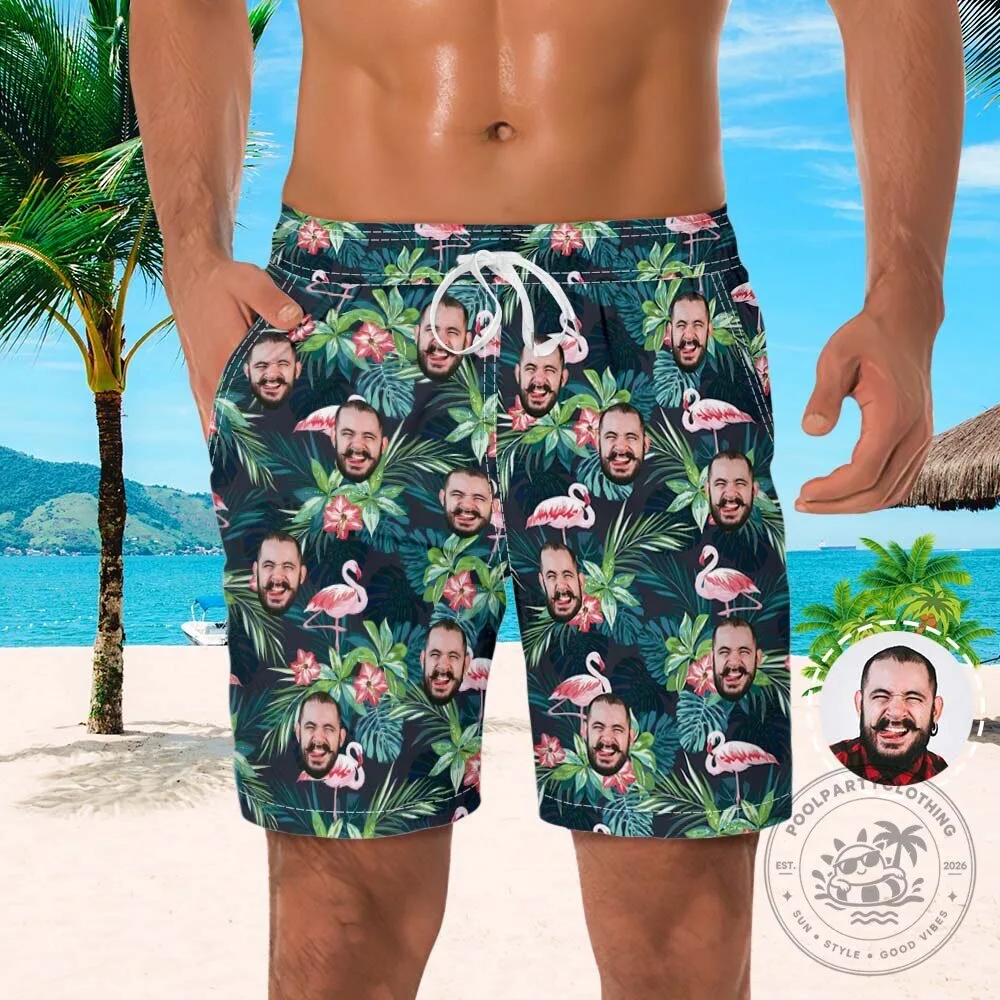 Men's Swim Trunks with Custom Face, Flamingo, and Tropical Leaves Design