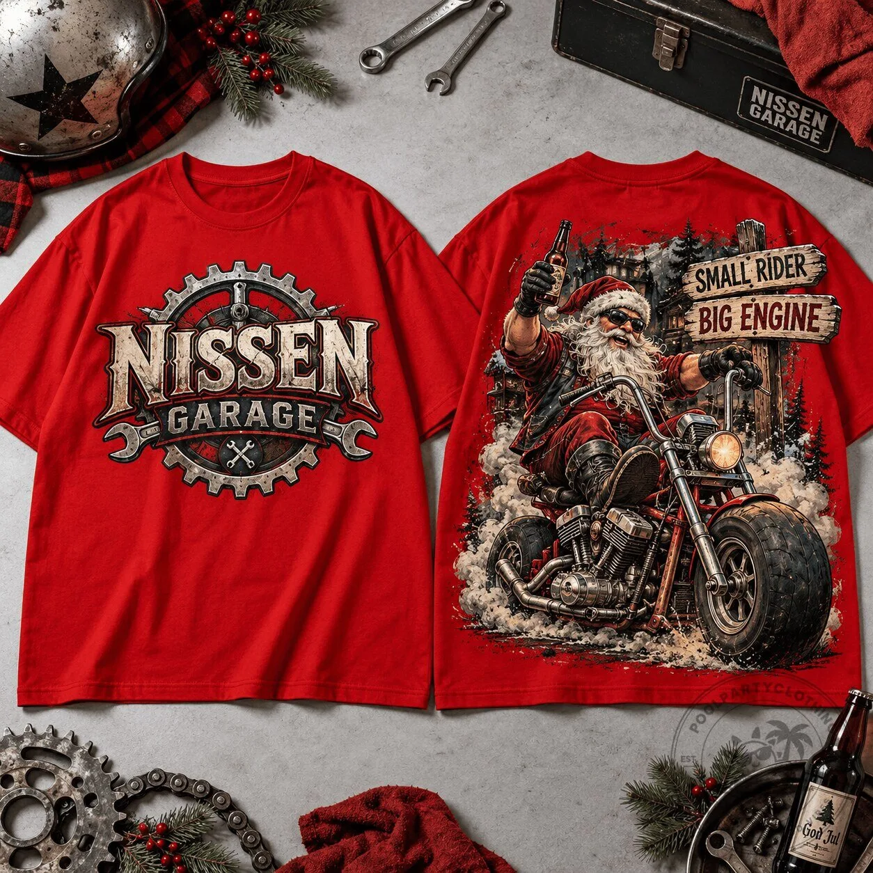 Julenissen Christmas Harley Davidson Biker Motorcycle Garage T-Shirt