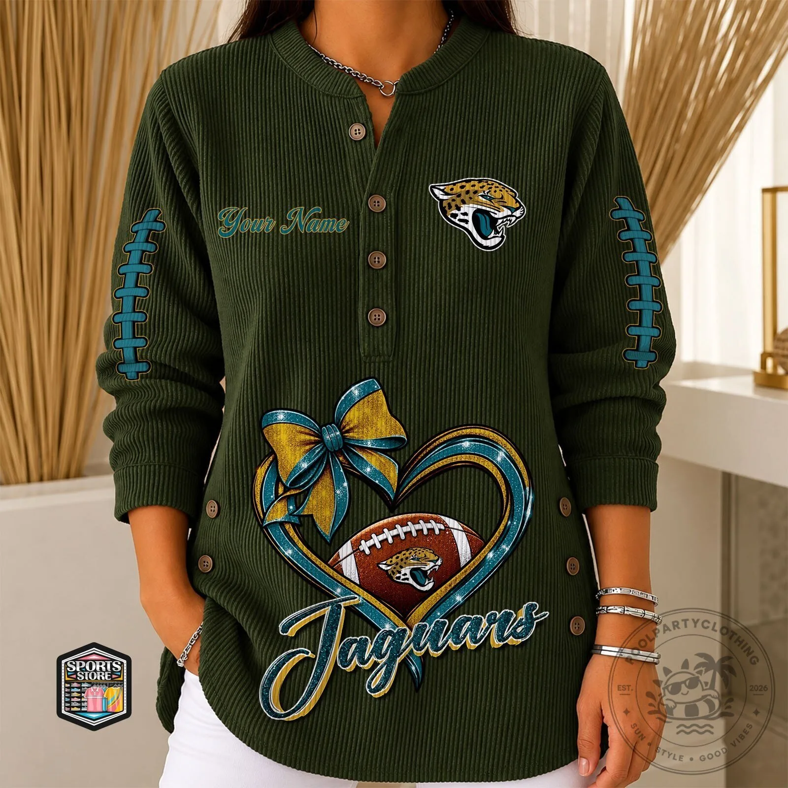 Jacksonville Jaguars Football Personalized Heart Bow Long Sleeve T-Shirt for Women