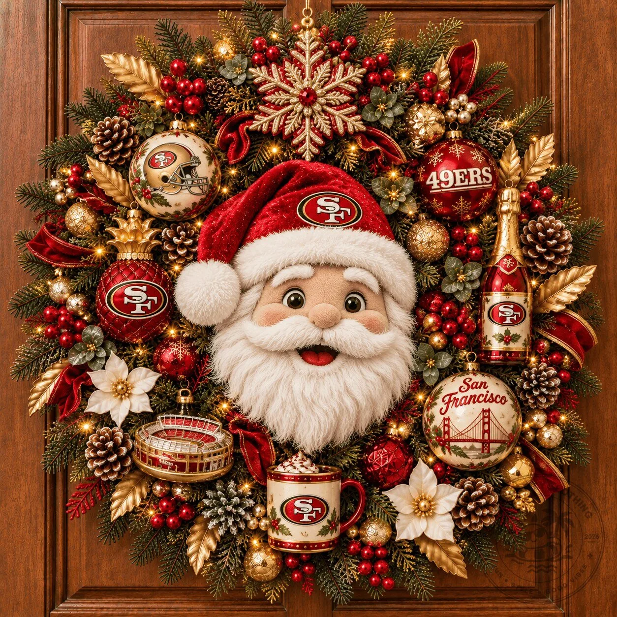 San Francisco 49ers Christmas Holiday Wreath with Santa Claus and Ornaments