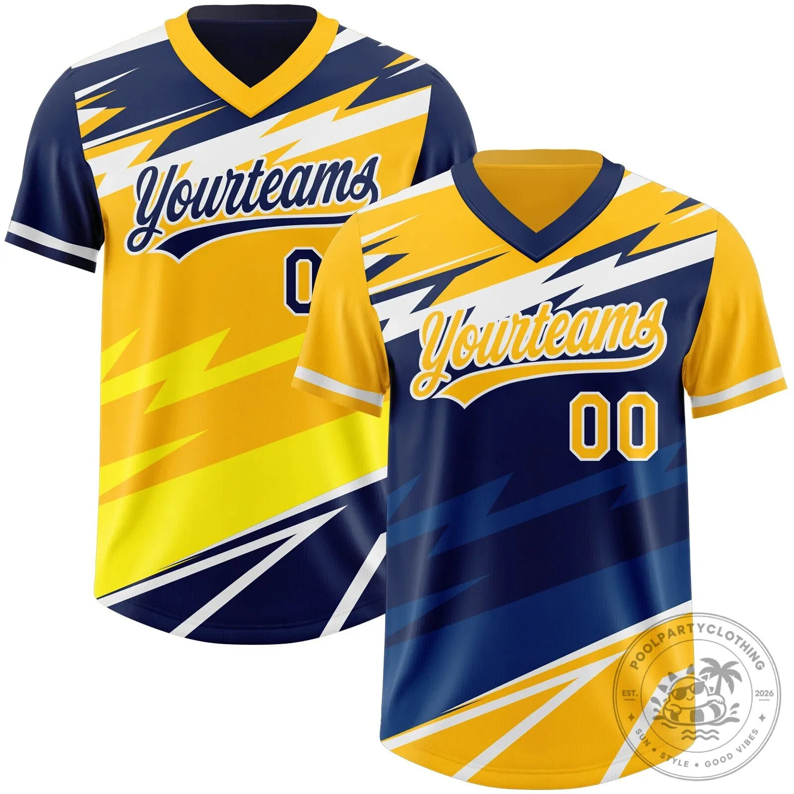 Custom Gold Navy Lightning Geometric Zigzag Reversible Baseball Jersey