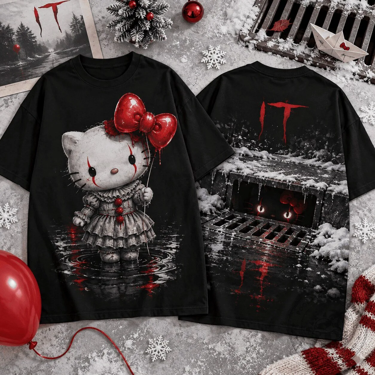Hello Kitty Pennywise IT Horror Movie Halloween Black T-Shirt