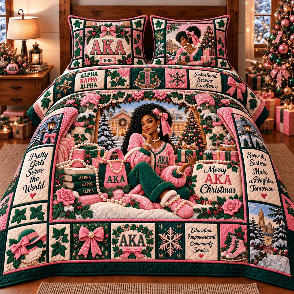 Alpha Kappa Alpha Sorority Christmas Holiday Quilt Bedding Set