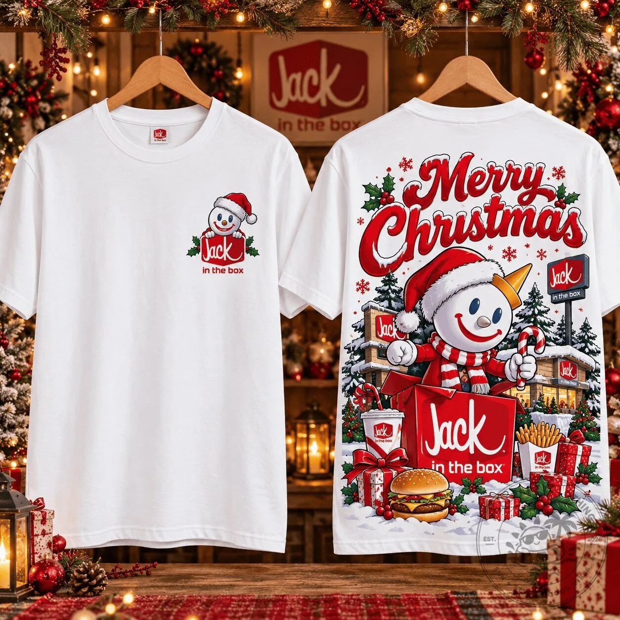 Jack in the Box Merry Christmas Snowman Fast Food Holiday T-Shirt 1 Jack in the Box Merry Christmas Snowman Fast Food Holiday T-Shirt