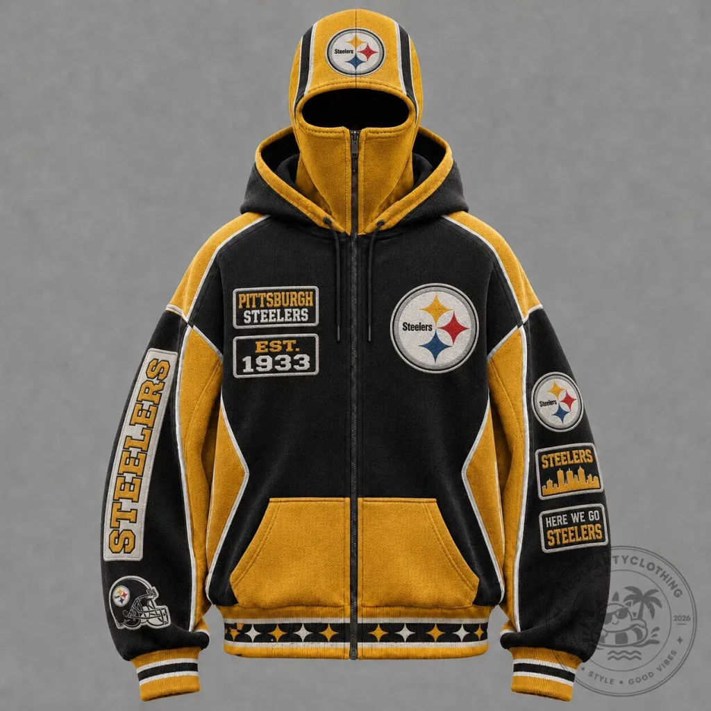 Pittsburgh Steelers Black And Gold Full-Zip Hoodie With Built-In Face Mask Pittsburgh Steelers Black And Gold Full-Zip Hoodie With Built-In Face Mask