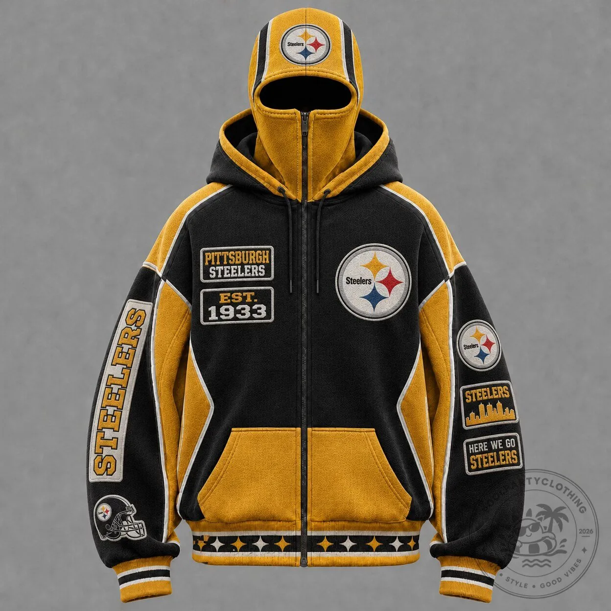 Pittsburgh Steelers Black And Gold Full-Zip Hoodie With Built-In Face Mask
