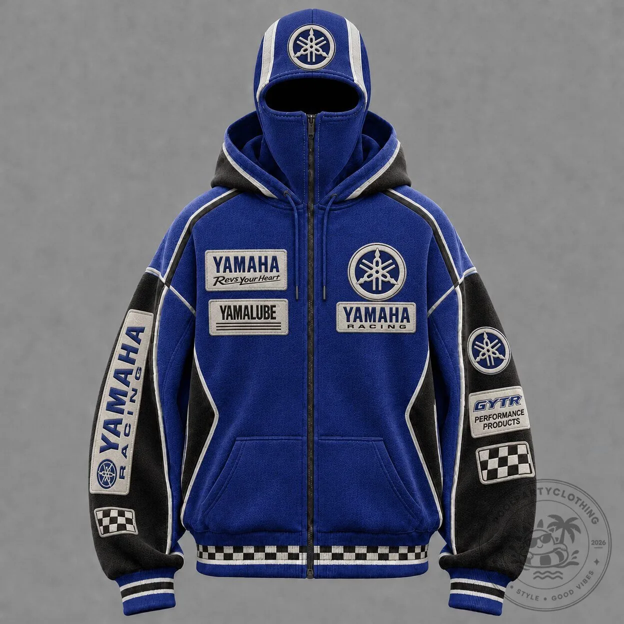 Yamaha Racing Blue Full-Zip Balaclava Hoodie for Men with Performance Products