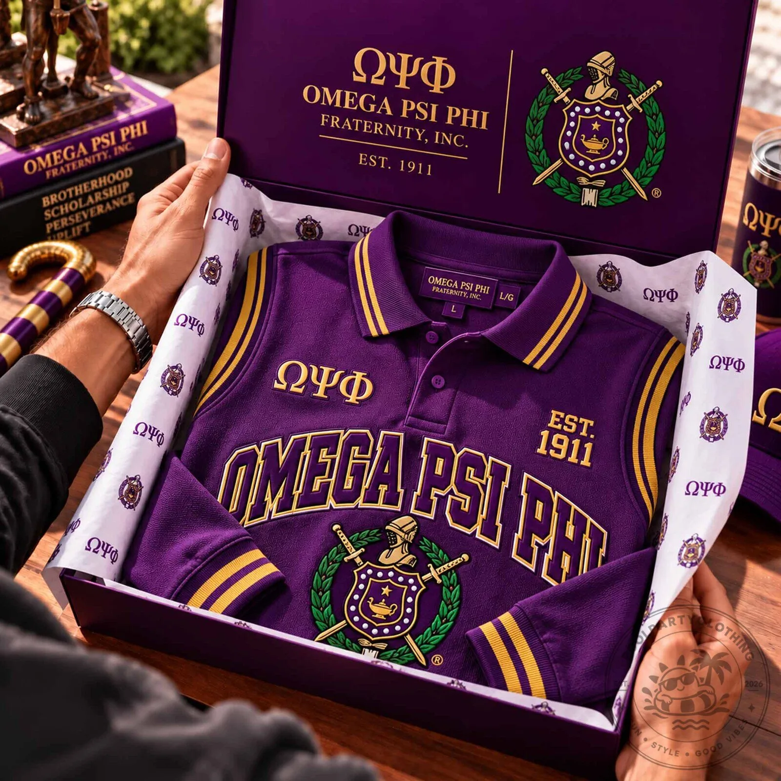 Polo Shirt with Purple and Gold Stripes for Omega Psi Phi Fraternity