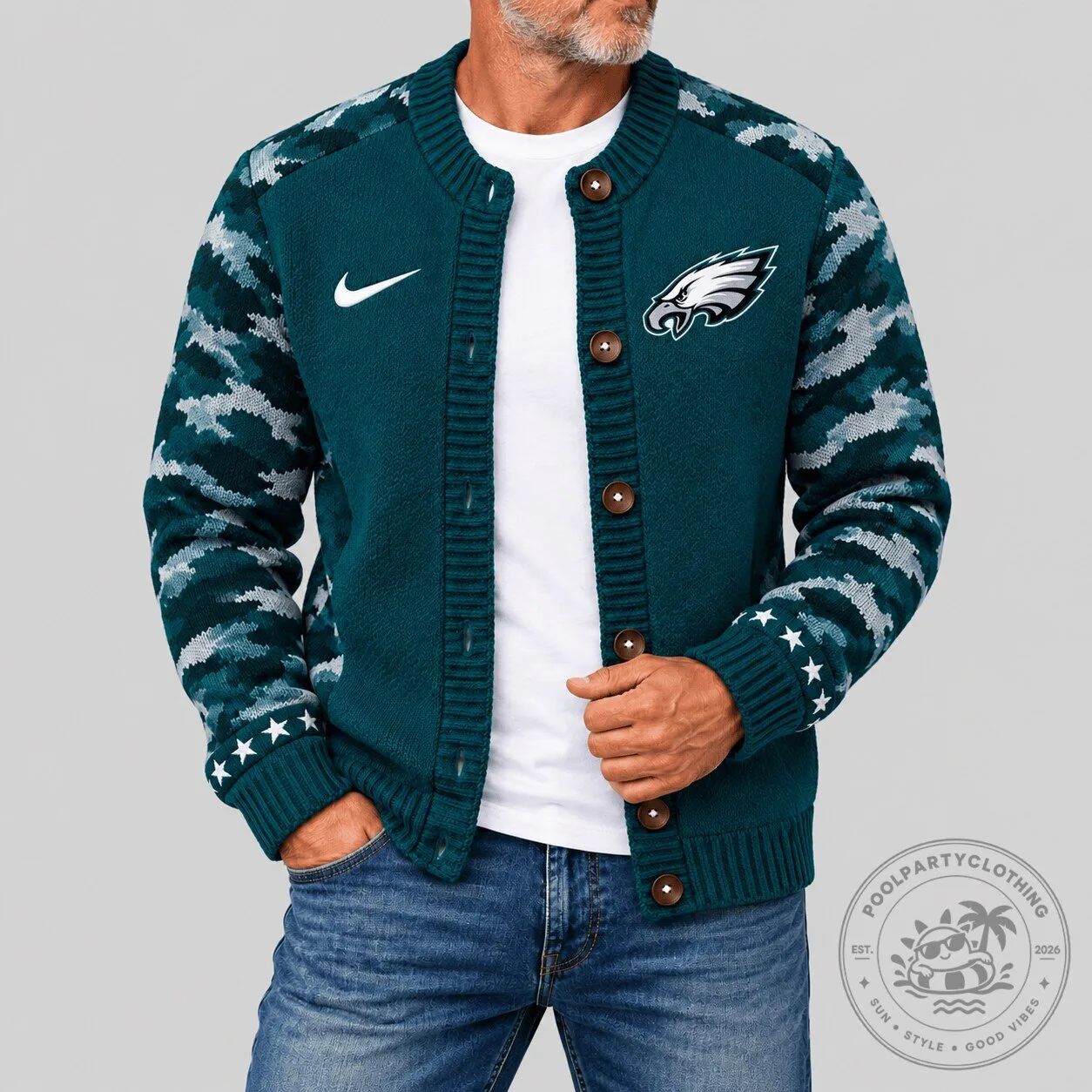 Philadelphia Eagles NFL Knit Cardigan with Camouflage Sleeves