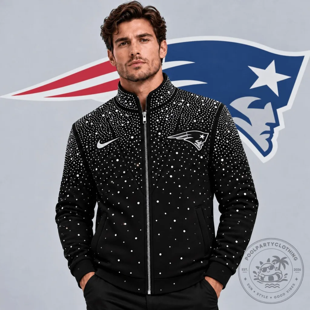 New England Patriots Sparkling Rhinestone Effect Print Full Zip Jacket New England Patriots Sparkling Rhinestone Effect Print Full Zip Jacket