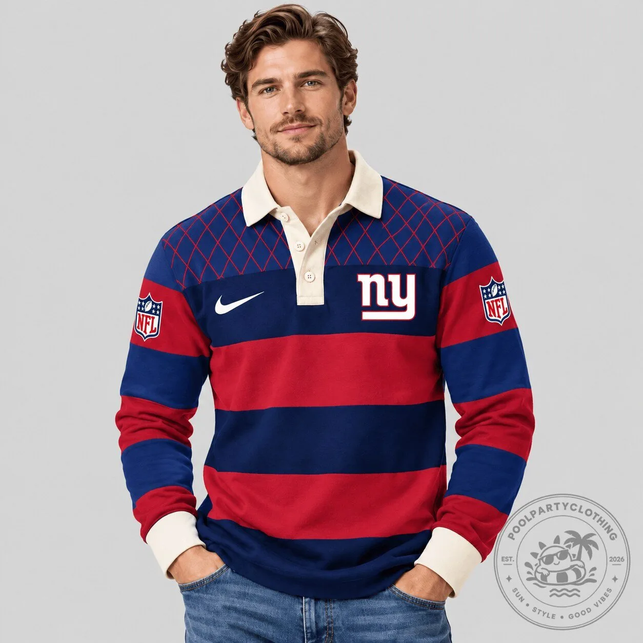 New York Giants NFL Striped Rugby Long Sleeve Polo Shirt for Men 5 New York Giants NFL Striped Rugby Long Sleeve Polo Shirt for Men