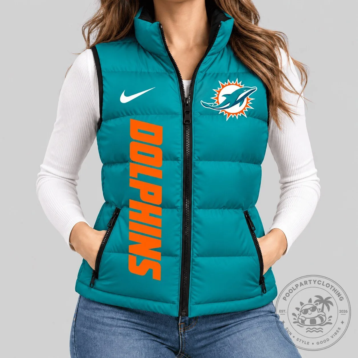 Miami Dolphins Teal Puffer Vest with Logo and Wordmark for Women
