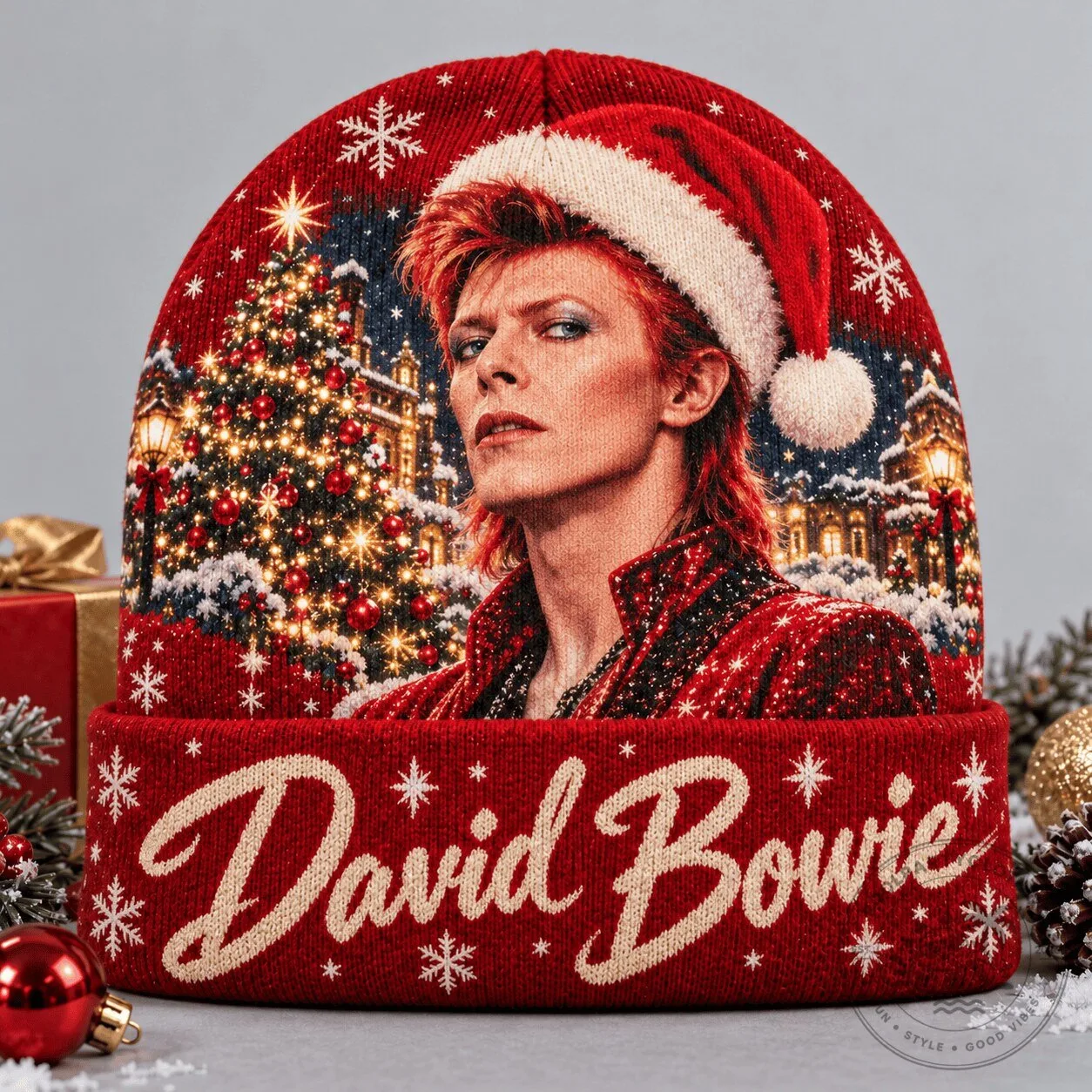 David Bowie Santa Portrait Christmas Tree Winter Beanie Hat