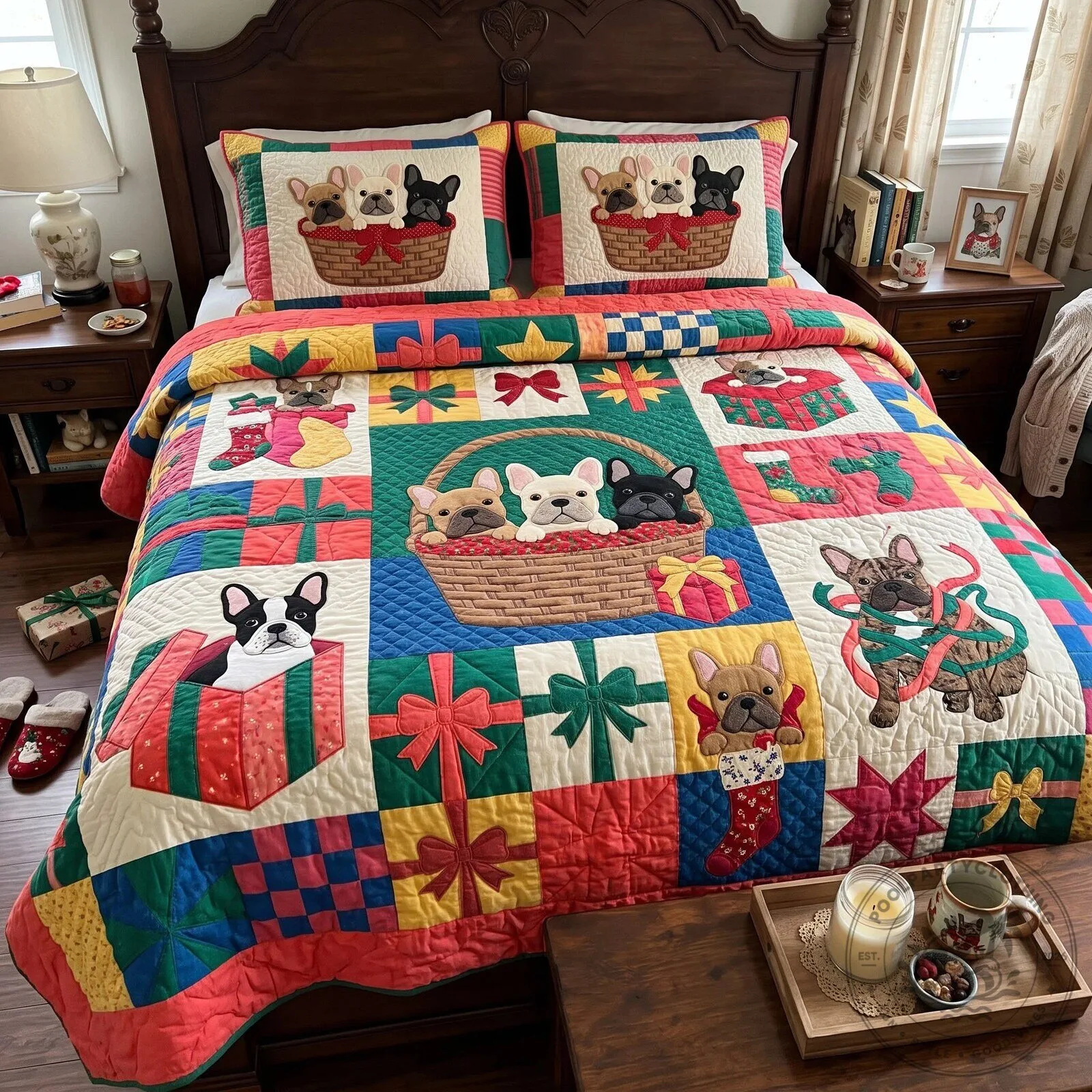 Christmas French Bulldog Puppies Holiday Quilted Bedding Set with Pillow Shams