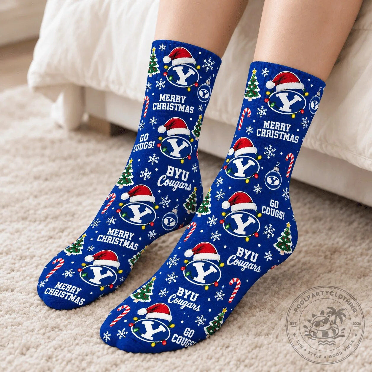 BYU Cougars Merry Christmas Holiday Pattern Blue Crew Socks