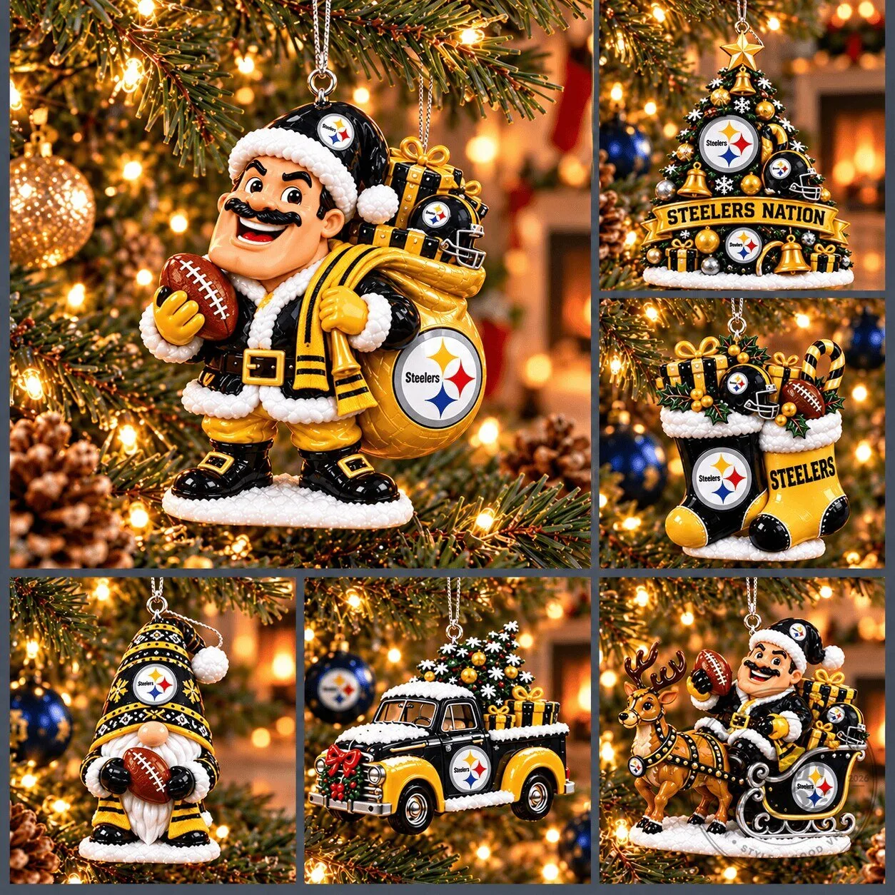 Pittsburgh Steelers Christmas Tree Ornament Set Holiday Decor Collection