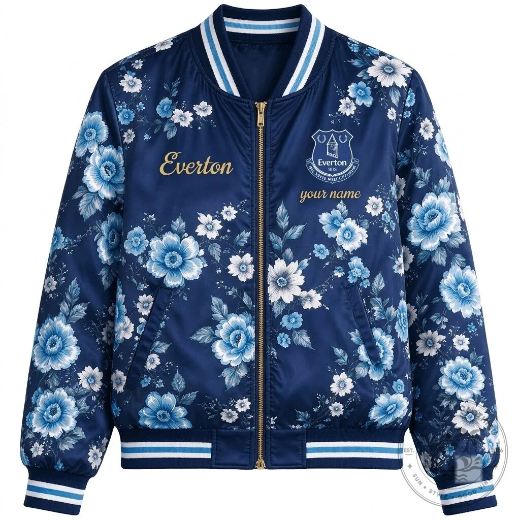 Everton Football Club Women's Floral Print Personalized Bomber Jacket 2 Everton Football Club Women's Floral Print Personalized Bomber Jacket