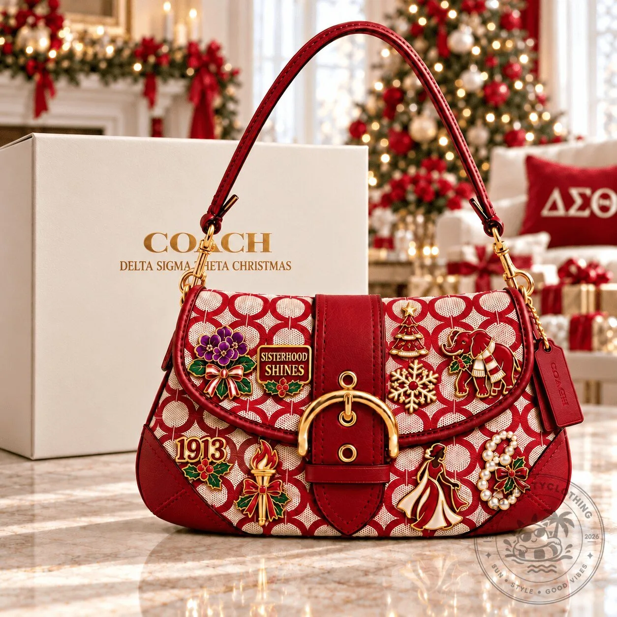 Delta Sigma Theta Christmas Sisterhood Shines Red Shoulder Bag