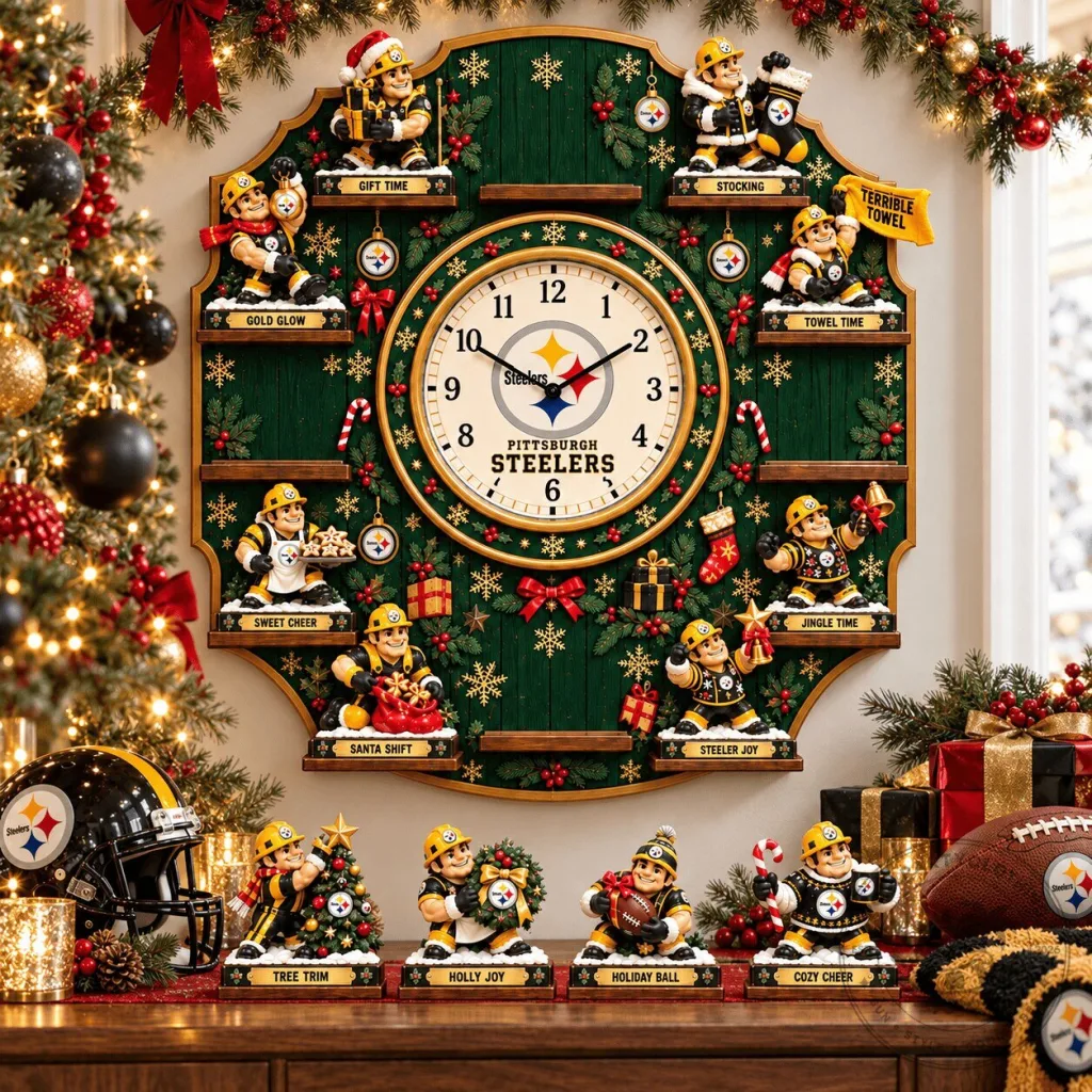 Pittsburgh Steelers Christmas Holiday Wall Clock with Sculptures Pittsburgh Steelers Christmas Holiday Wall Clock with Sculptures