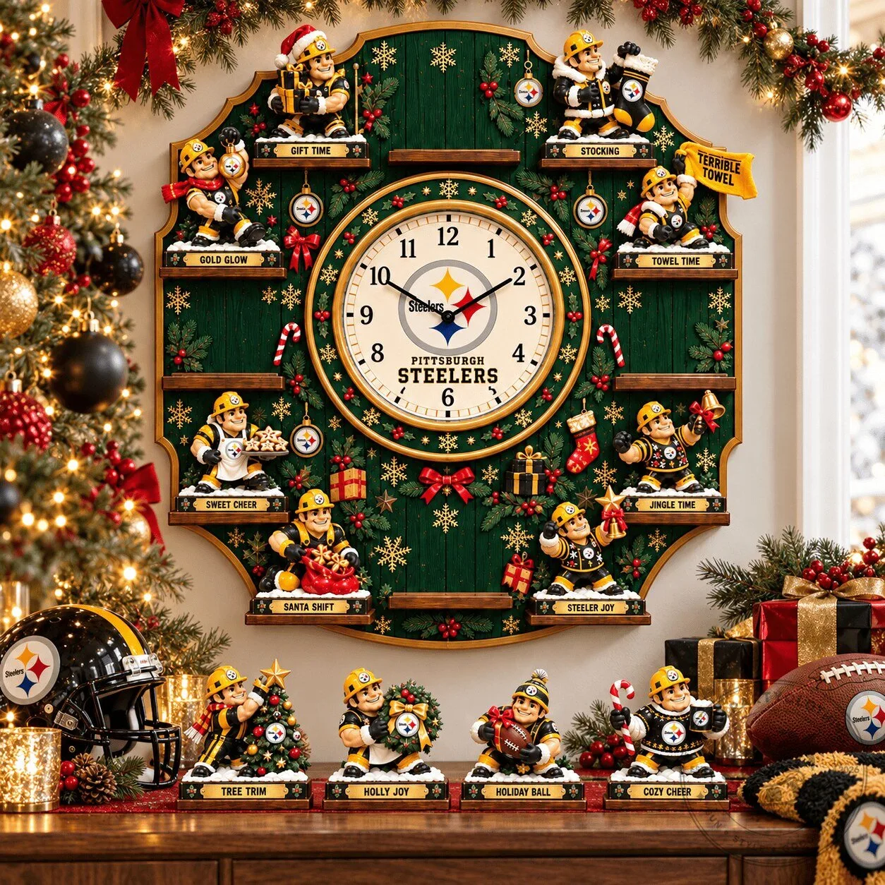 Pittsburgh Steelers Christmas Holiday Wall Clock with Sculptures
