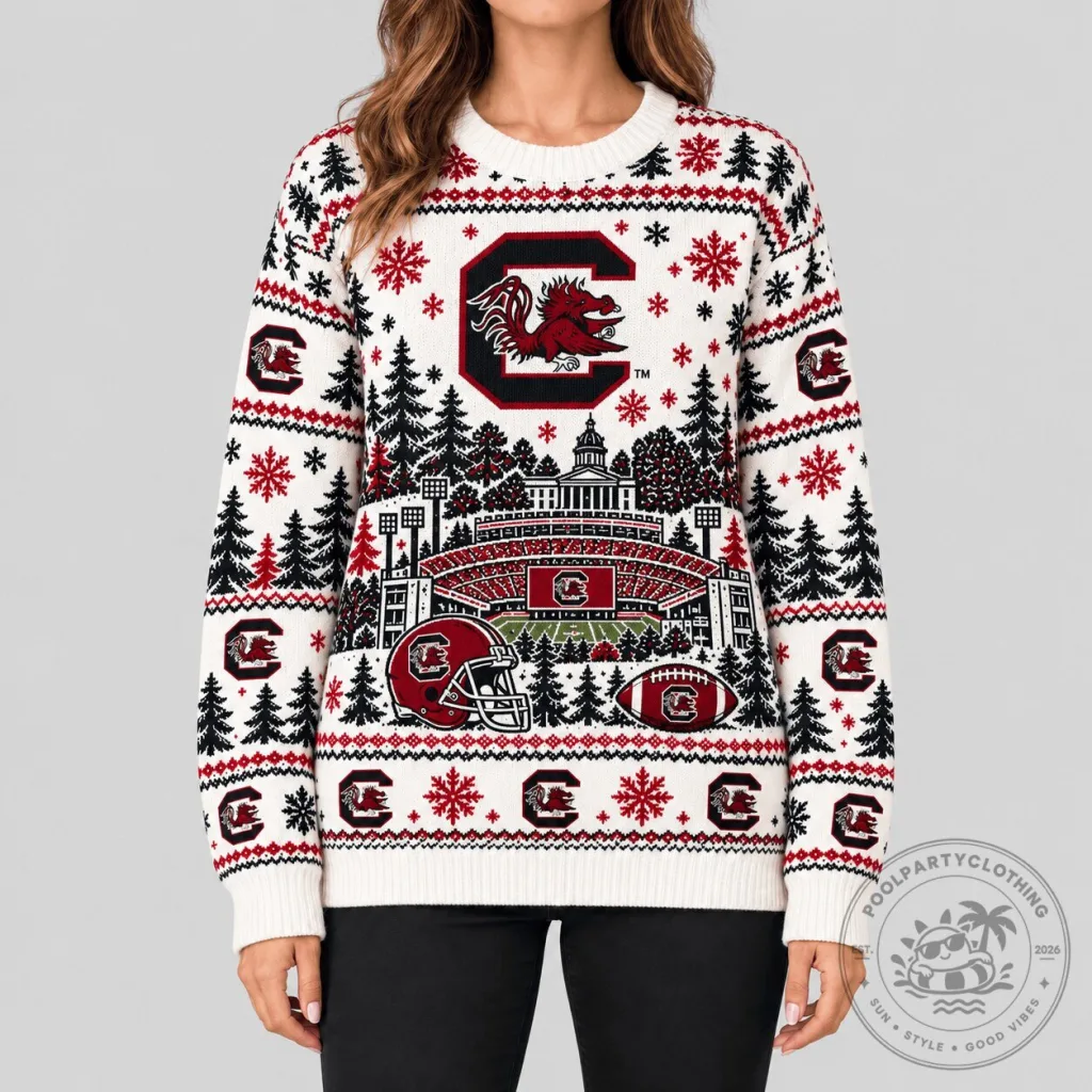 South Carolina Gamecocks Christmas Stadium Ugly Sweater Knit Pullover South Carolina Gamecocks Christmas Stadium Ugly Sweater Knit Pullover