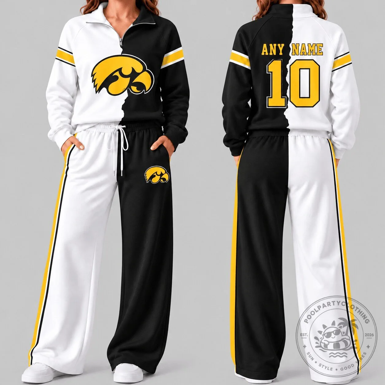 Iowa Hawkeyes NCAA Split Color Quarter Zip Wide Leg Tracksuit Set