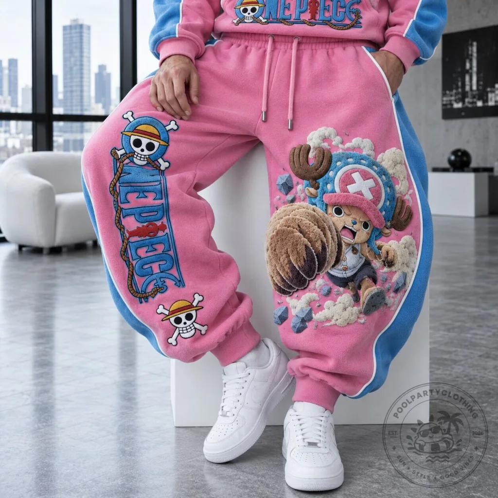 One Piece Tony Tony Chopper Anime Embroidered Pink and Blue Sweatpants One Piece Tony Tony Chopper Anime Embroidered Pink and Blue Sweatpants