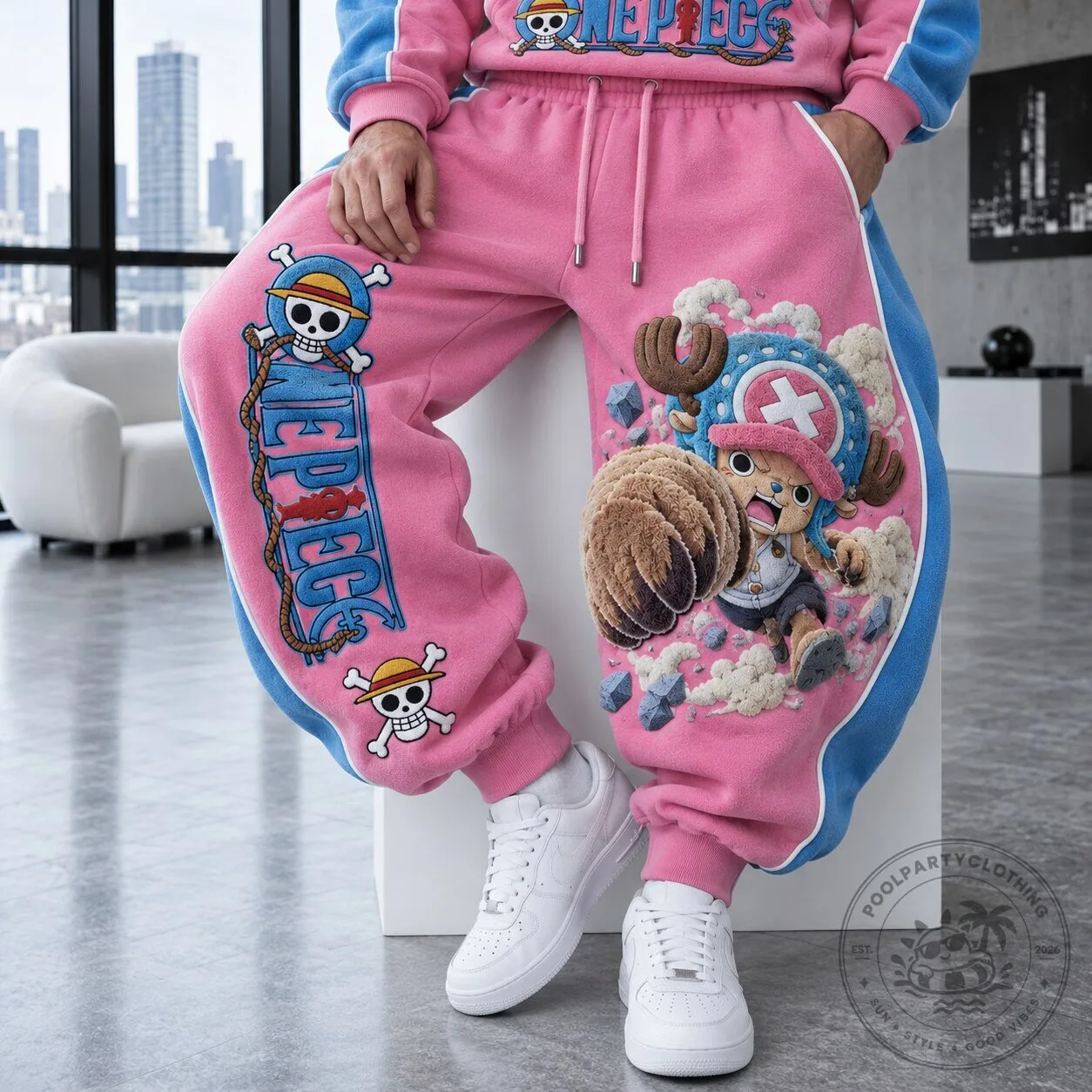 One Piece Tony Tony Chopper Anime Embroidered Pink and Blue Sweatpants 3 One Piece Tony Tony Chopper Anime Embroidered Pink and Blue Sweatpants