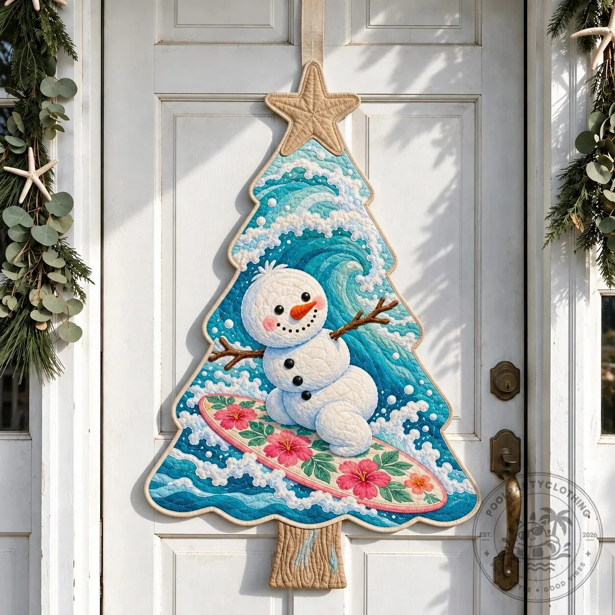 Surfing Snowman Christmas Tree Quilted Door Hanger Decoration