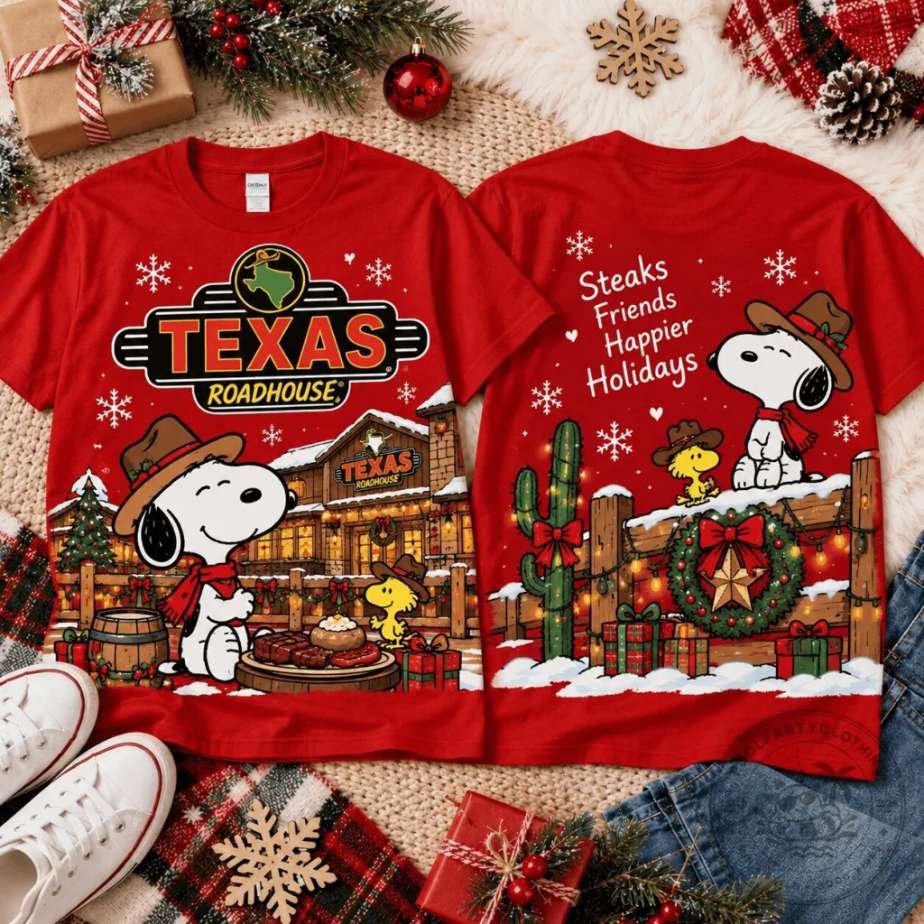 Holiday Red Graphic T-Shirt featuring Snoopy from Texas Roadhouse for Christmas Steakhouse Holiday Red Graphic T-Shirt featuring Snoopy from Texas Roadhouse for Christmas Steakhouse